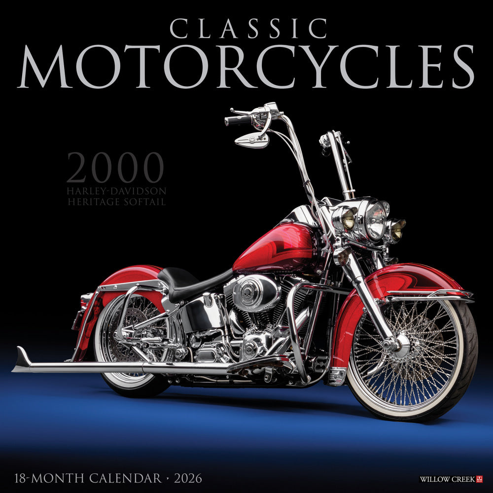 2026 Willow Creek Press Art & Design Monthly Wall Calendar, 12in x 12in, Classic Motorcycles, January To December, 50750