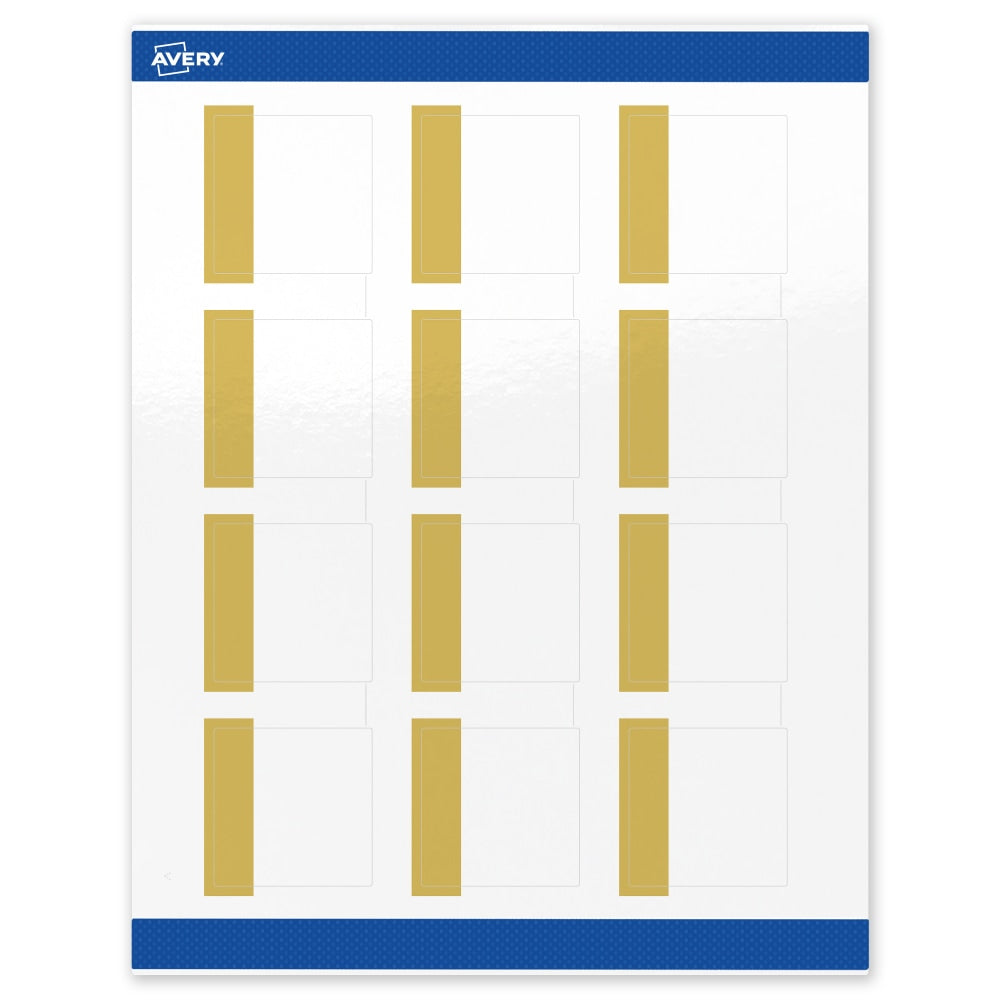 Avery Print-To-The-Edge Labels & Sure Feed, S00-DJP-PRWGP10, 2in x 2in, Glossy White, Preprinted Dipped Gold Edge Design, Pack Of 120