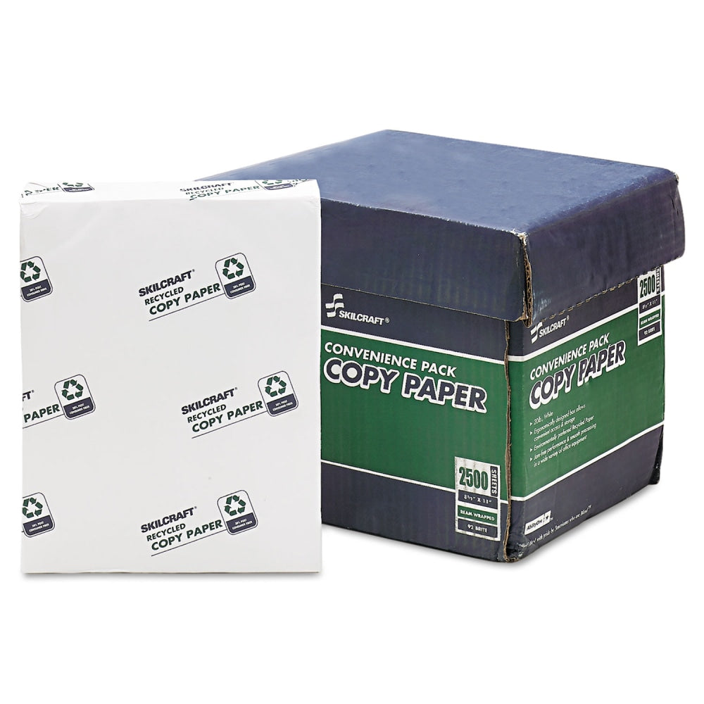 SKILCRAFT Xerographic Copy Paper, 5 Reams, White, Letter (8.5in x 11in), 2500 Sheets Per Case, 20 Lb, 92 Brightness, 30% Recycled