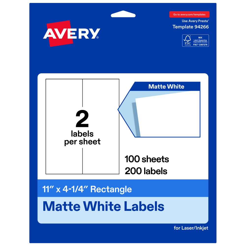 Avery Permanent Labels, 94266-WMP100, Rectangle, 11in x 4-1/4in, White, Pack Of 200