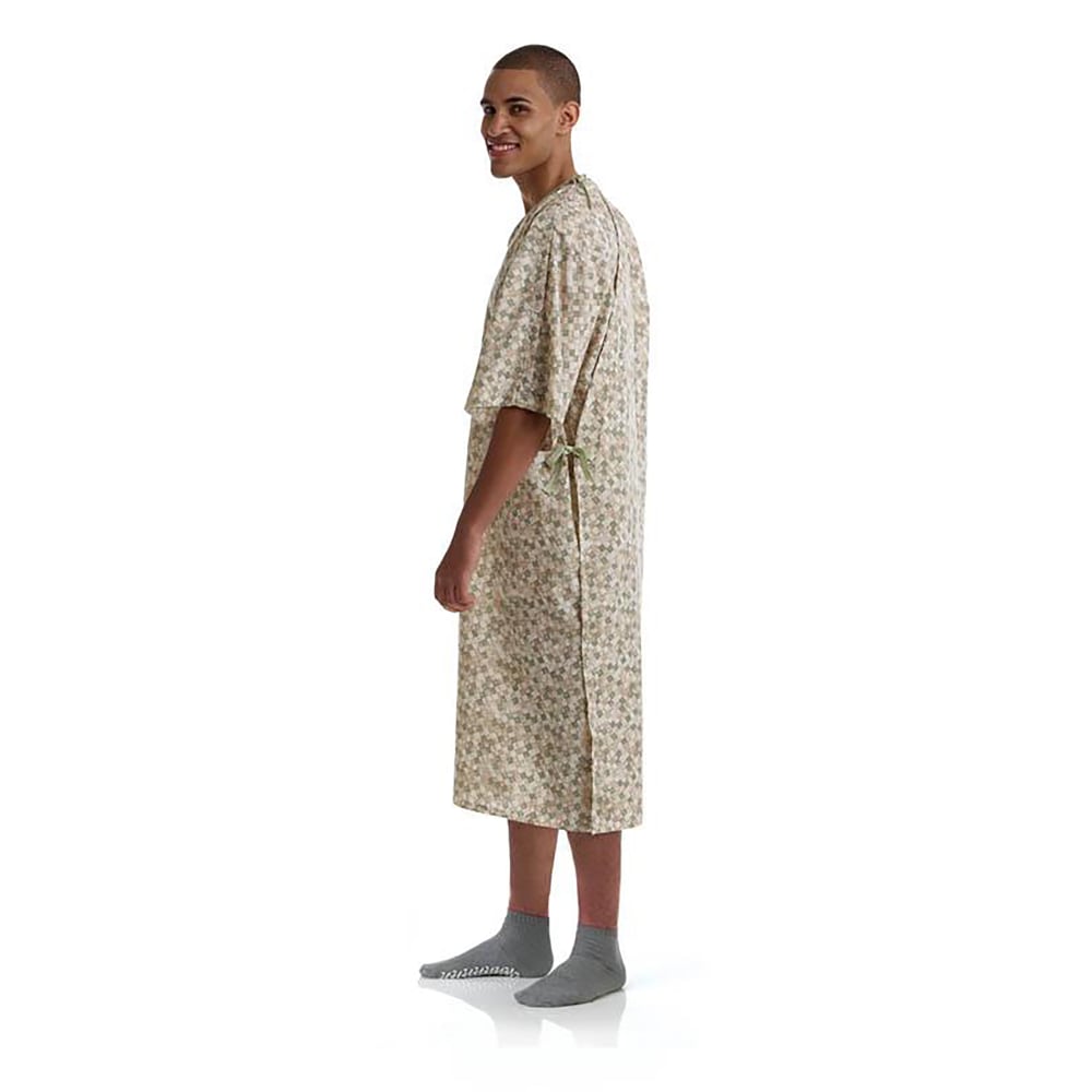 Medline Royale Print Deluxe Cut IV Patient Gowns, Royale Sage/Beige, Pack Of 12