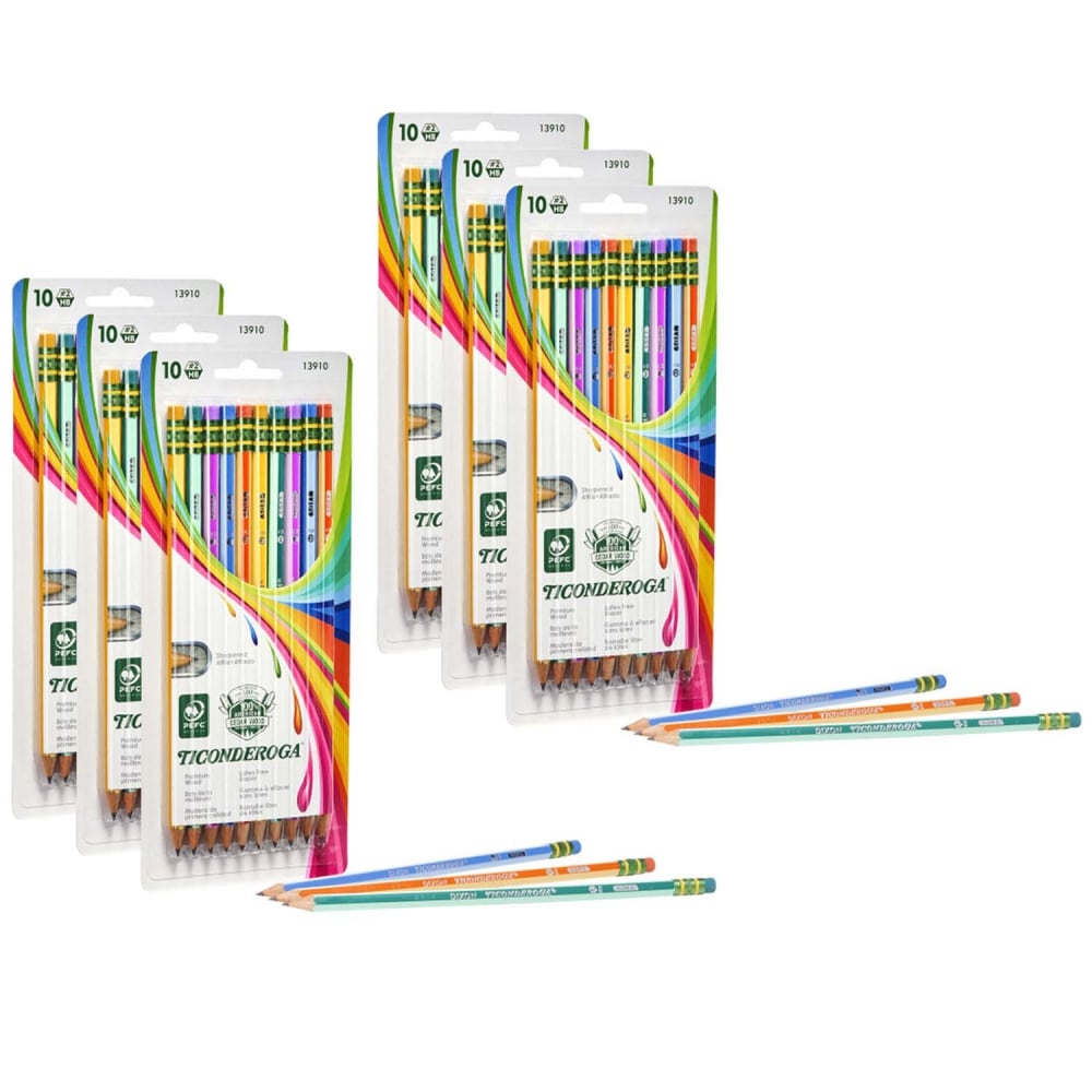Ticonderoga Presharpened Pencils, #2 Soft, Neon Stripes, 10 Pencils Per Pack, Set Of 6 Packs