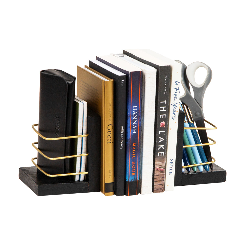 Mind Reader Decorative Basket Bookends, 5inH x 4inW x 4inD, Black/Gold, Set Of 2 Bookends