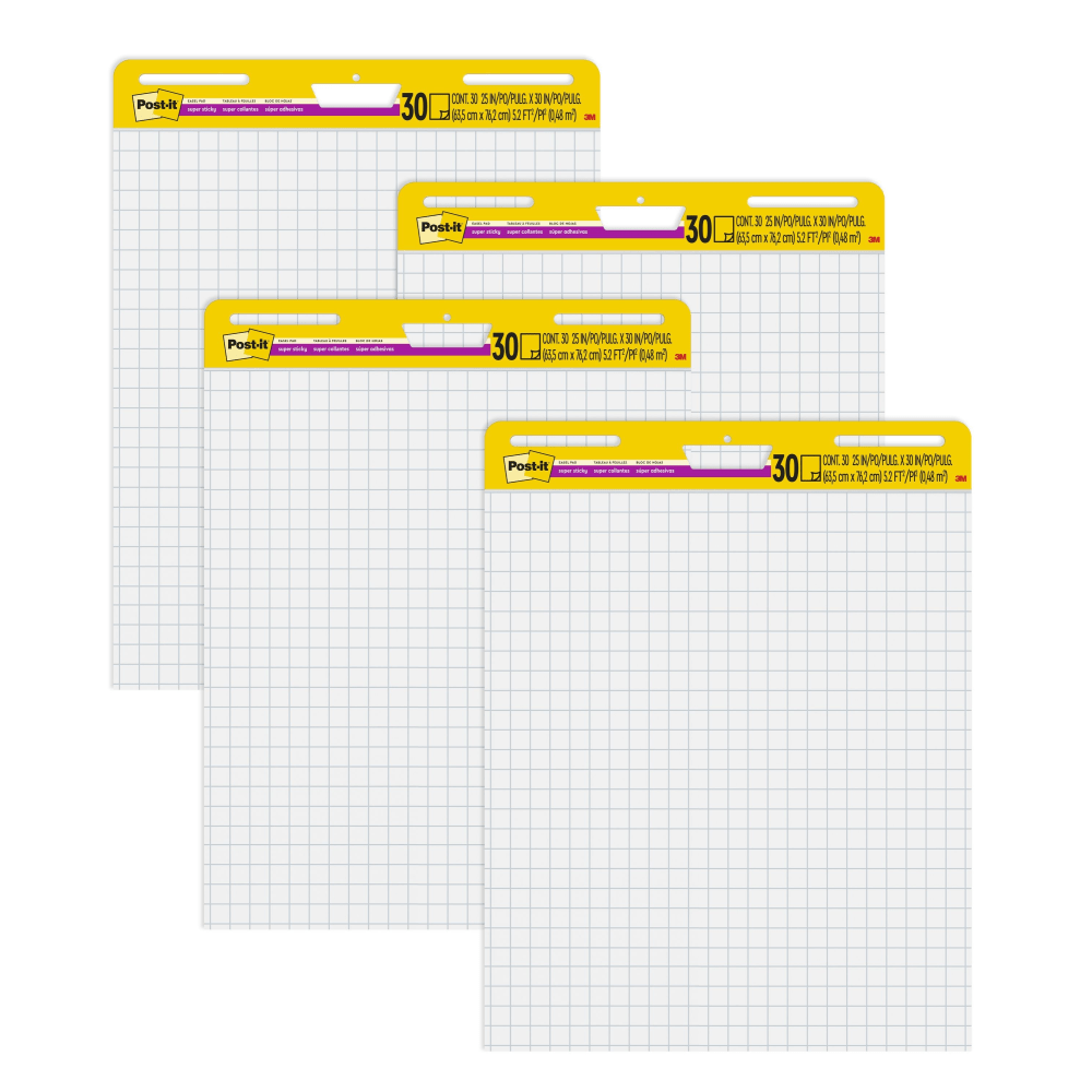 Post-it Super Sticky Easel Pads, 25 x 30 in, 4 Pads, 30 Sheets/Pad, Back to School Supplies for Classrooms, Blue Grid, White