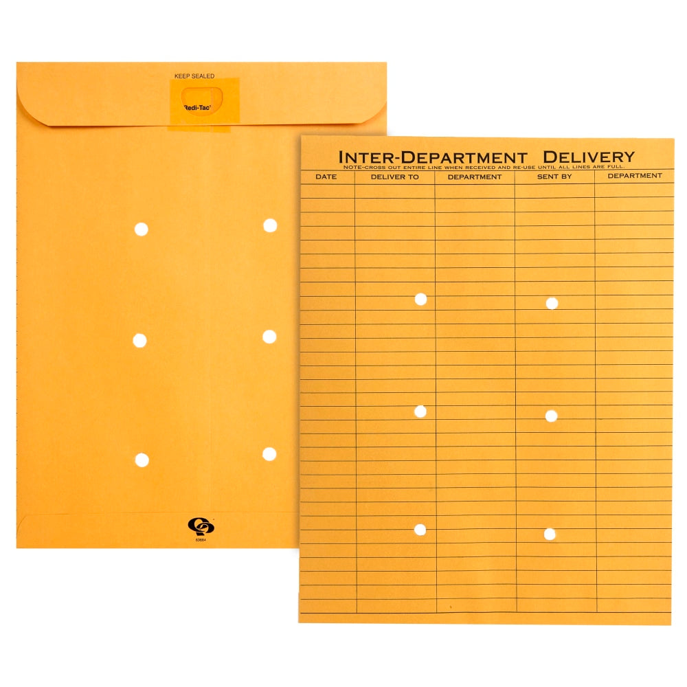 Quality Park Redi-Tac Interdepartment Envelopes, 10in x 13in, 1-Sided Narrow Rule, Self-Adhesive, Brown, Box Of 100
