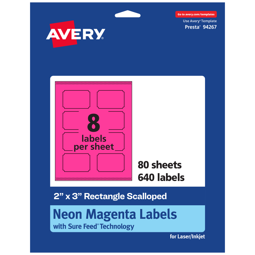 Avery Print-To-The-Edge Labels With Sure Feed Technology, 94267-NMP80, Rectangle Scalloped, 2in x 3in, Matte Neon Magenta, Pack of 640