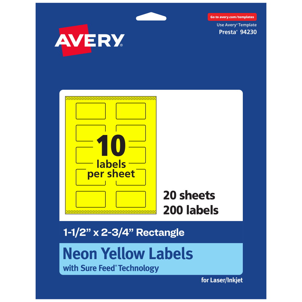 Avery Print-To-The-Edge Labels With Sure Feed Technology And Easy Peel, 94230-NYP20, Rectangle, 1-1/2in x 2-3/4in, Matte Neon Yellow, Pack of 200