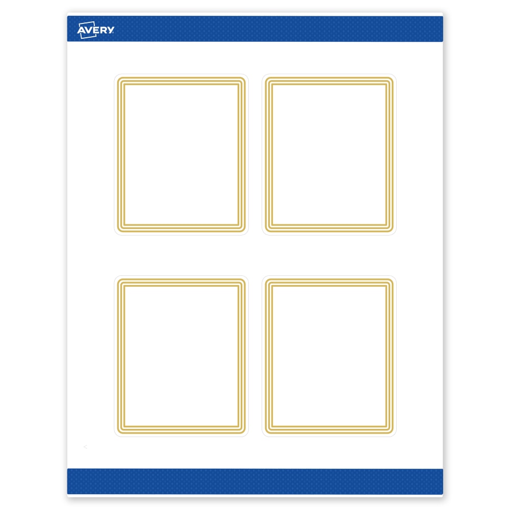 Avery Print-To-The-Edge Labels & Sure Feed, S00-DHG-PRWMP10, 4in x 3-1/3in, Matte White, Preprinted Multi-Lined Gold Border Design, Pack Of 40