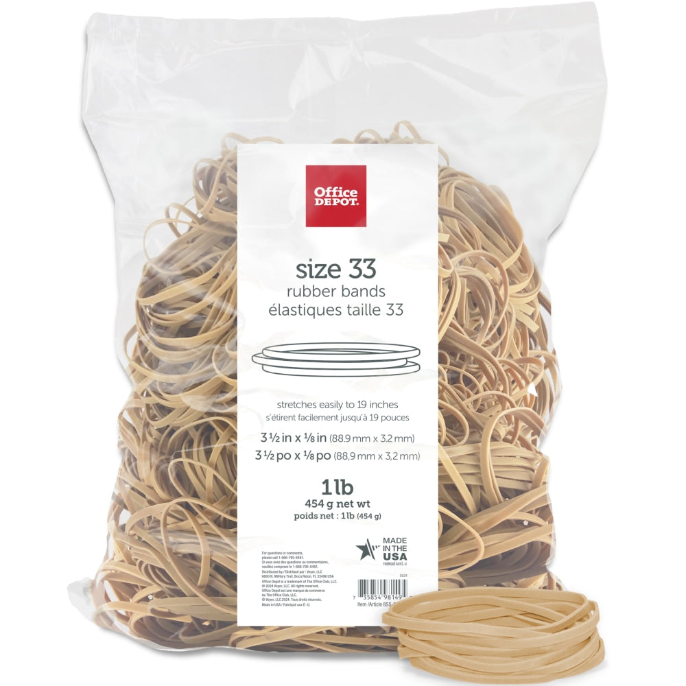 Office Depot Brand Rubber Bands, #33, 3-1/2in x 1/8in, Crepe, 1-Lb Bag, Approx 850 Per Bag