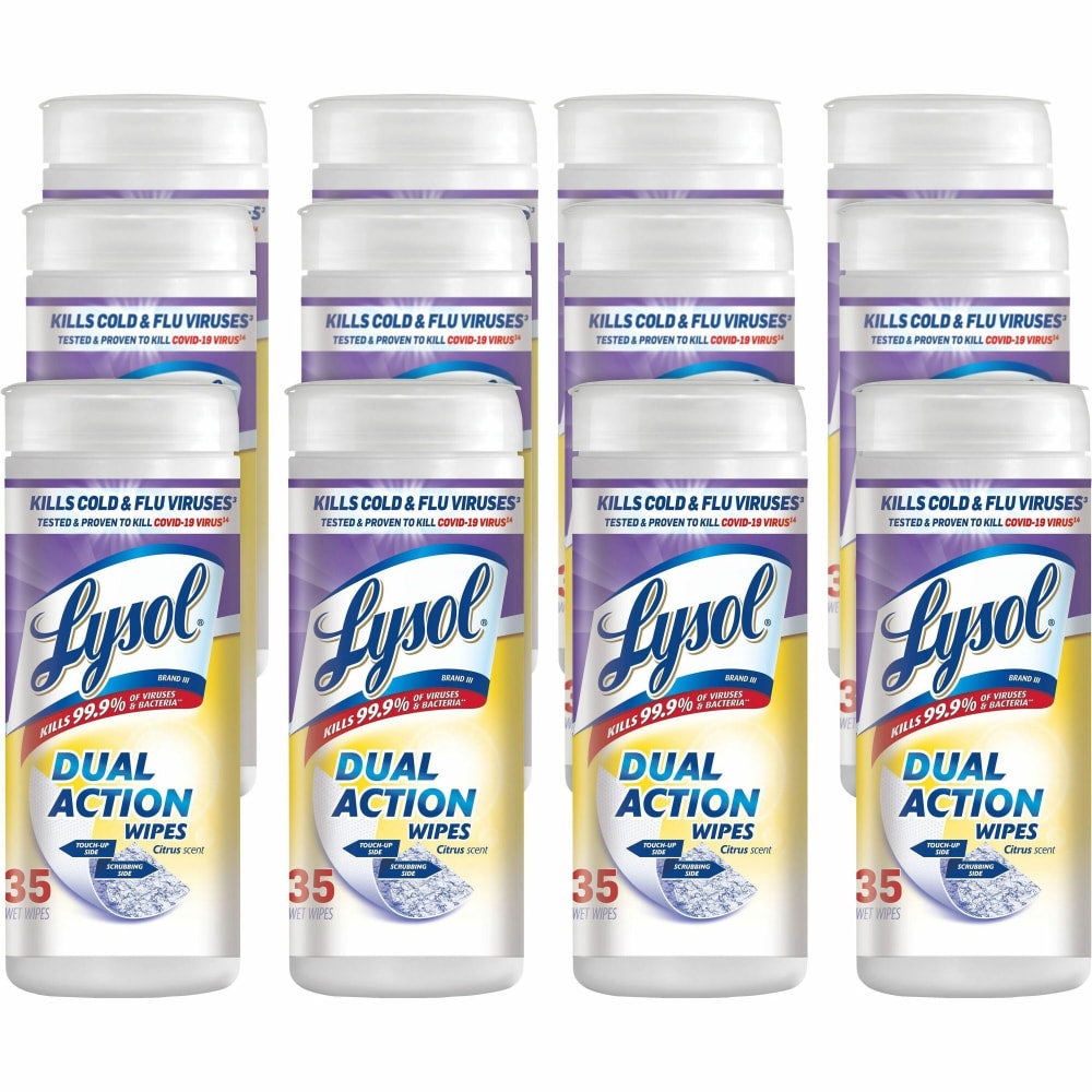 Lysol Dual Action Wipes, Citrus Scent, 7in x 7-1/4in, 35 Wipes Per Canister, 25% Recycled, Carton Of 12 Canisters
