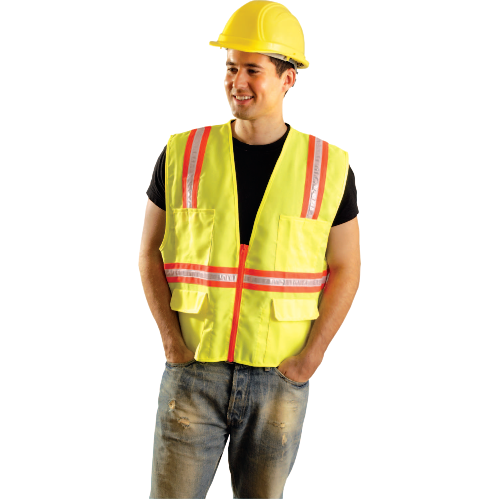 Non-ANSI Contractor Style Solid Vests, 2X-L, Hi-Viz Yellow; Orange Contrast Trim