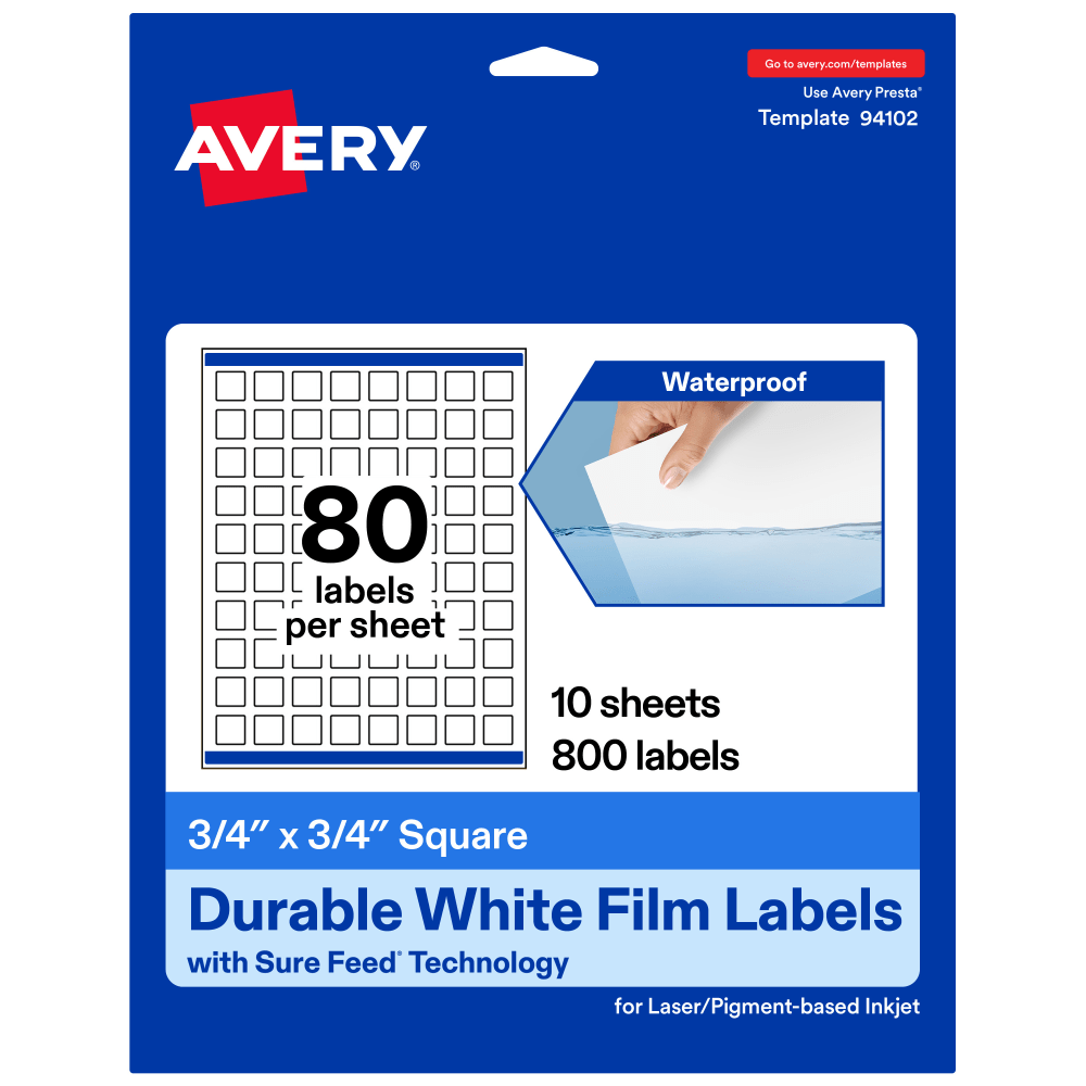 Avery Waterproof Permanent Labels With Sure Feed, 94102-WMF10, Square, 3/4in x 3/4in, White, Pack Of 800