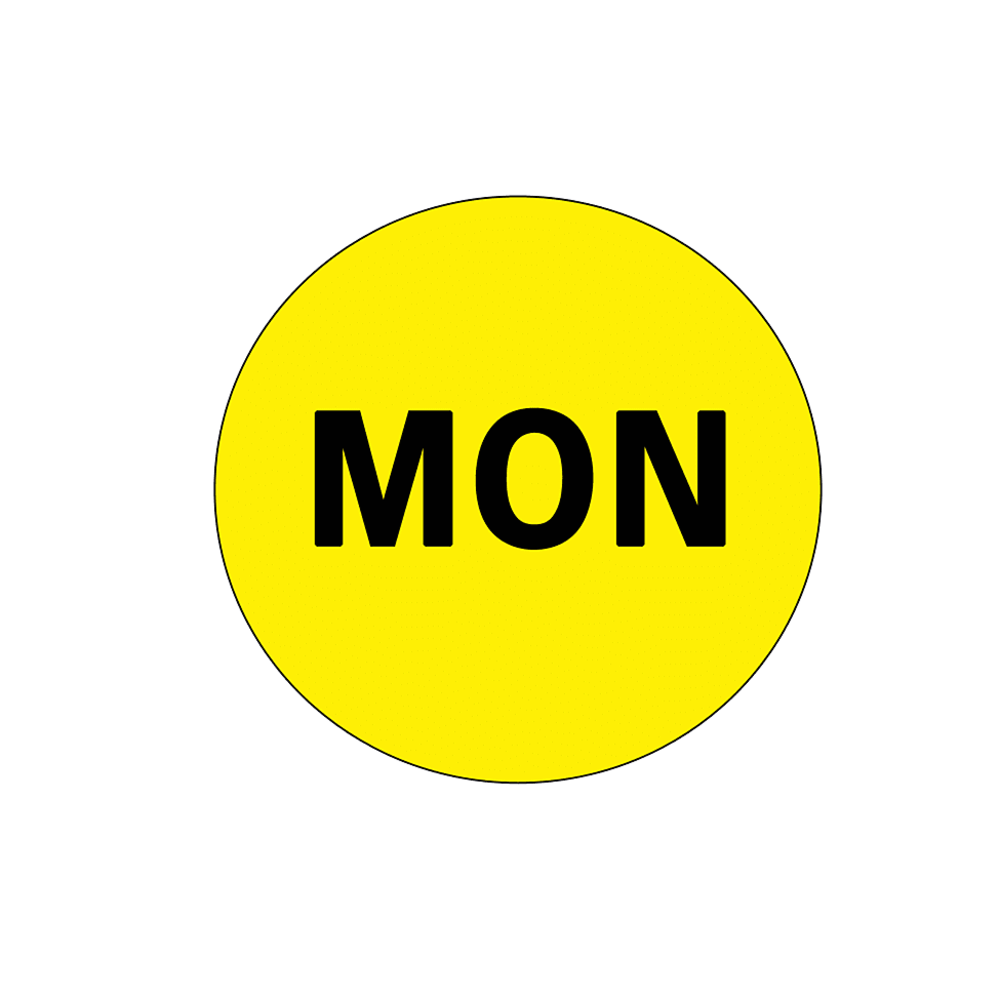 Tape Logic Permanent Inventory Label Roll, DL6502, Weekday-Style, "MON," 2in Diameter, Yellow, Roll Of 500