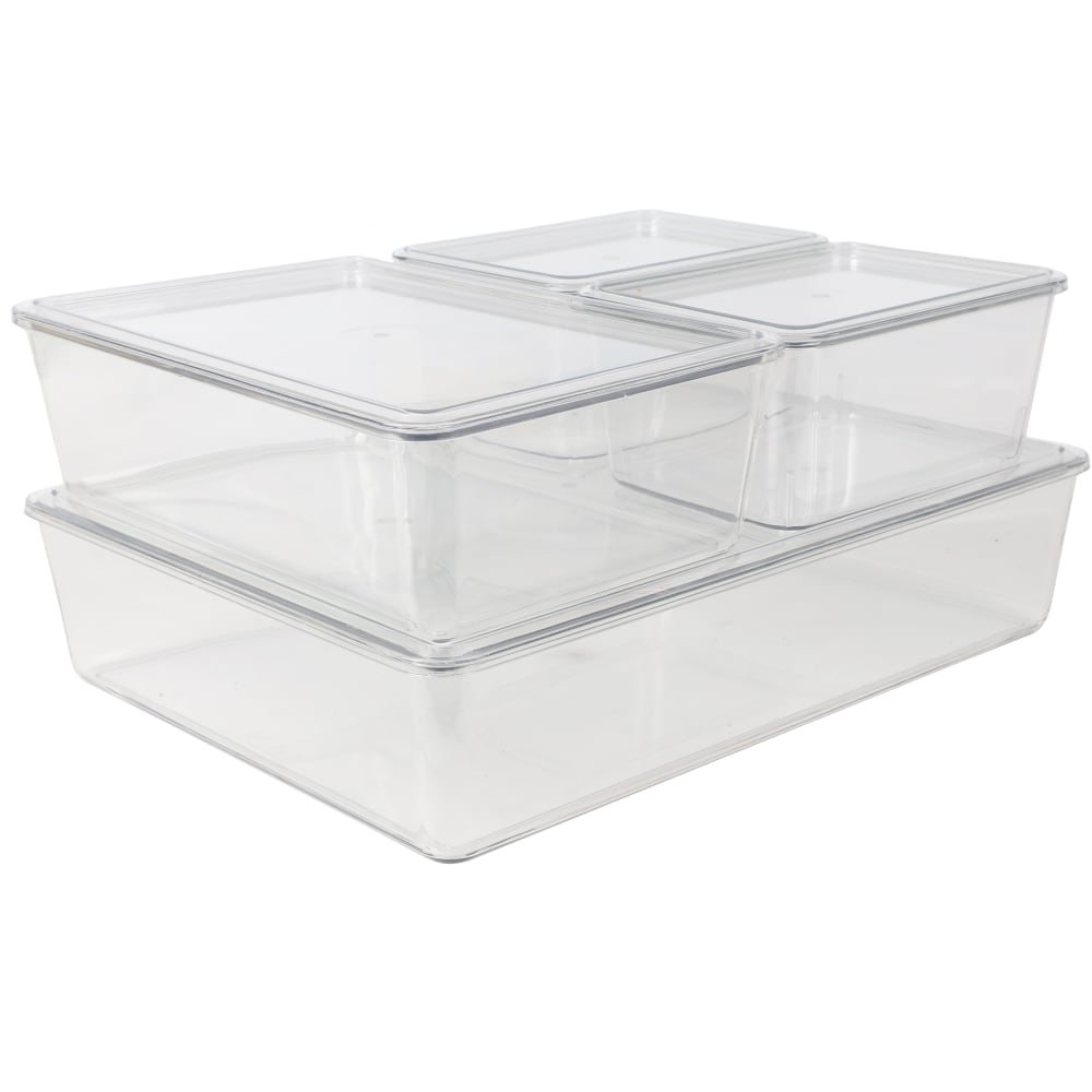 Martha Stewart Brody Stackable Plastic Storage Boxes With Lids, 3-1/4inH x 14inW x 10-1/2inD, Clear, Set Of 4 Boxes