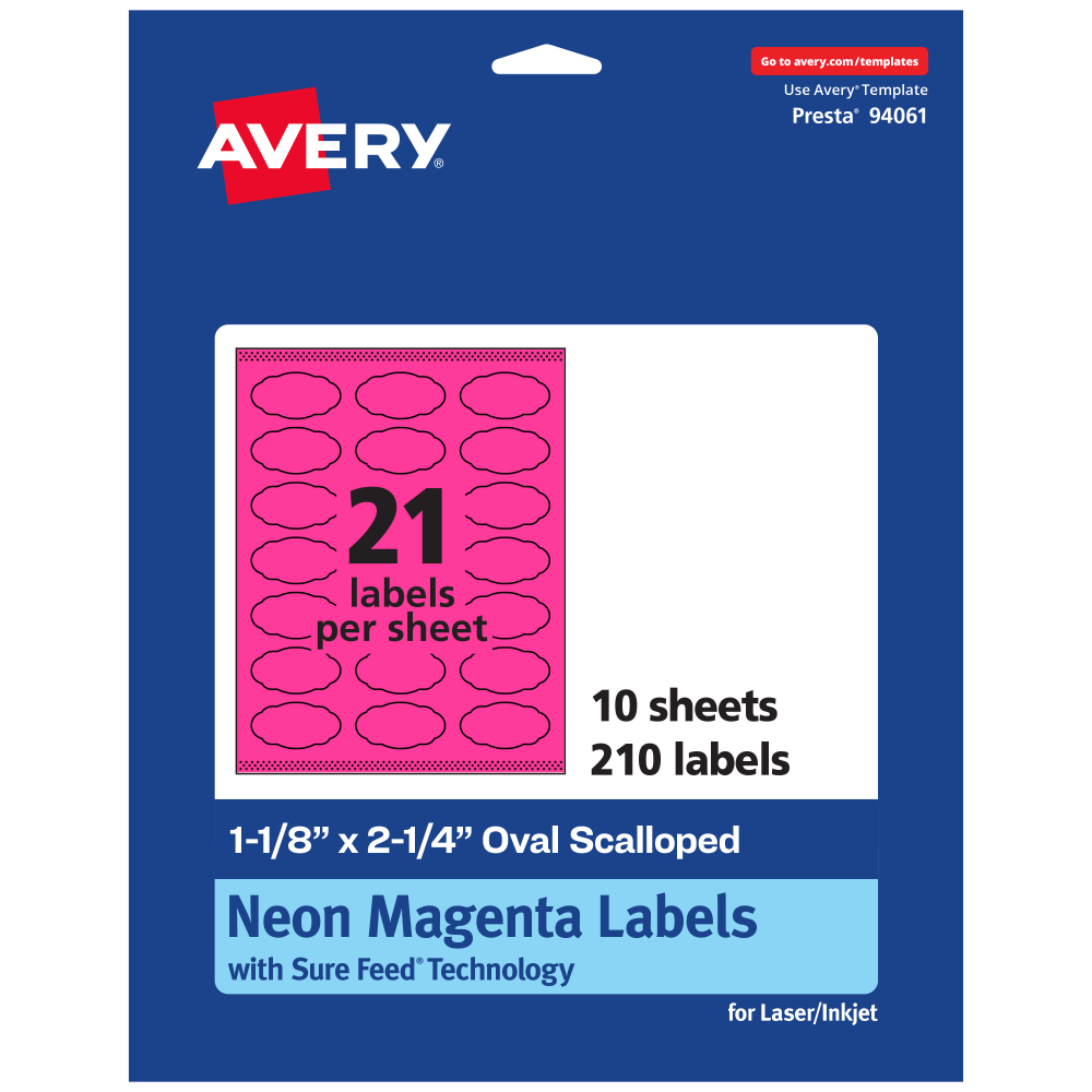 Avery Print-To-The-Edge Labels With Sure Feed Technology And Easy Peel, 94061-NMP10, Oval Scalloped, 1-1/8inx2-1/4in, Matte Neon Magenta, Pack of 210