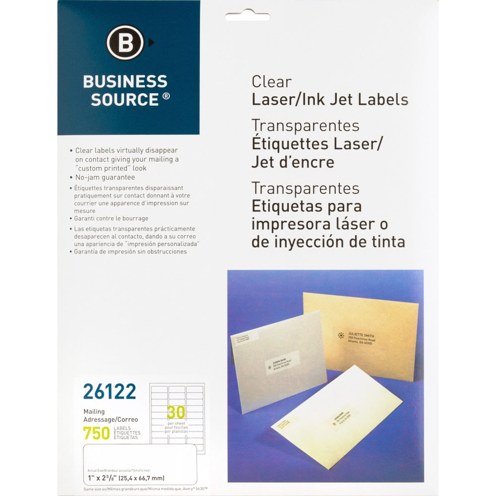 Business Source Mailing Address Labels - 1inx 2 3/4in - Permanent Adhesive - Rectangle - Laser - Clear - 30 / Sheet - Self-adhesive - 750 / Pack