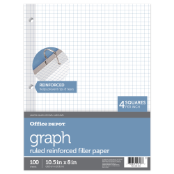 Office Depot Brand Reinforced Filler Paper, 8in x 10-1/2in, Quadrille Ruled, White, Pack Of 100 Sheets