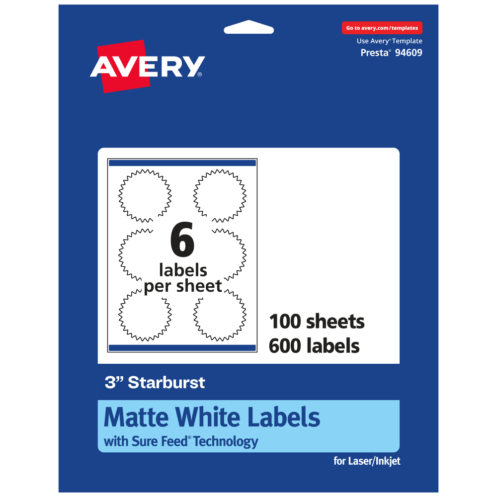 Avery Permanent Labels With Sure Feed, 94609-WMP100, Starburst, 3in, White, Pack Of 600