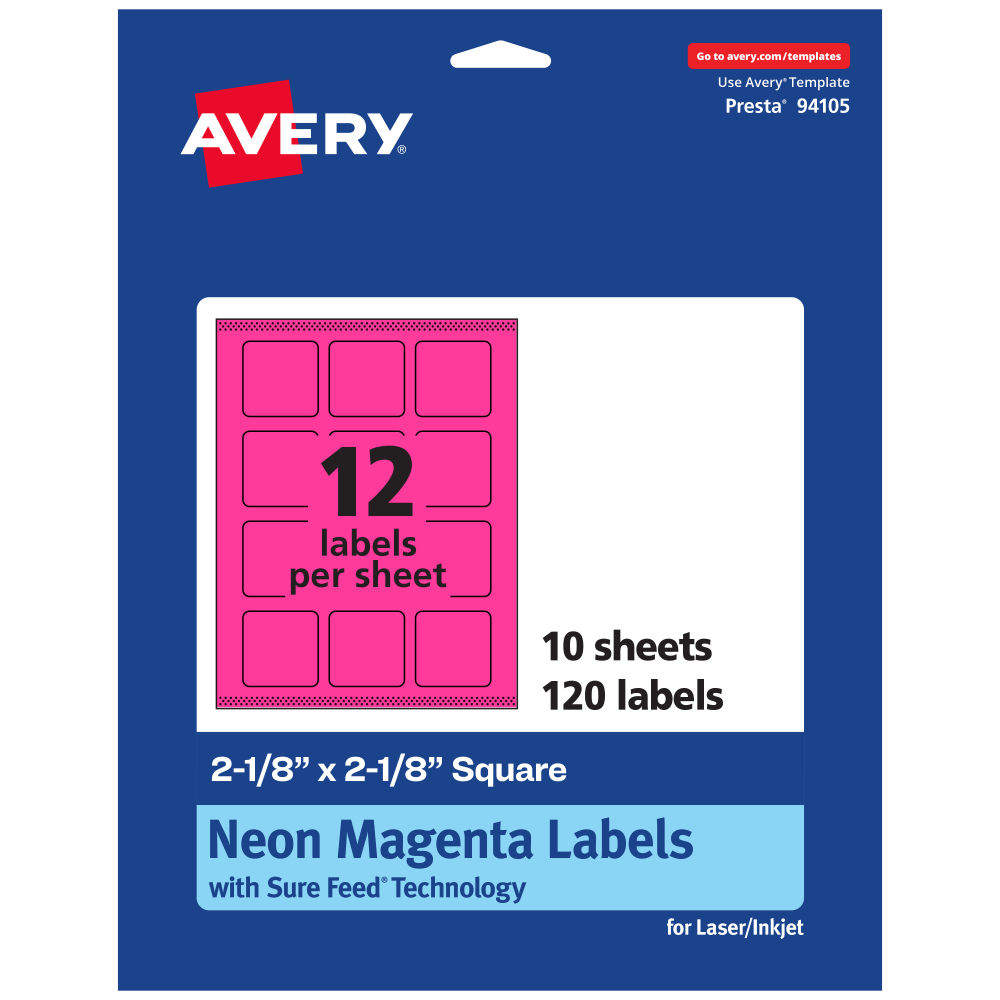 Avery Print-To-The-Edge Labels With Sure Feed Technology And Easy Peel, 94105-NMP10, Square, 2-1/8in x 2-1/8in, Matte Neon Magenta, Pack of 120