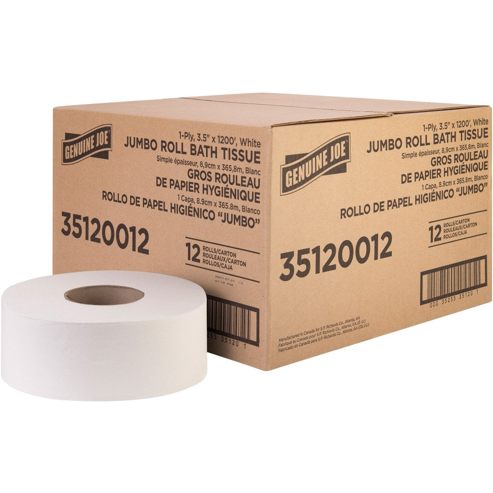 Genuine Joe 1-ply Jumbo Roll Bath Tissue - 1 Ply - 3.63in Width x 1200 ft Length - 8.88in Roll Diameter - White - Fiber - 12 / Carton
