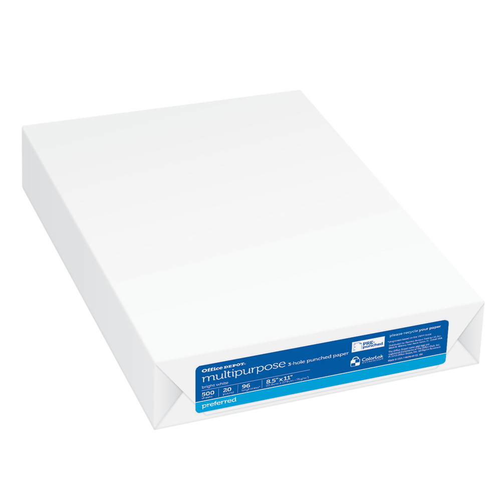 Office Depot Premium 3-Hole Multi-Use Printer & Copy Paper, 1 Ream, White, Letter (8.5in x 11in), 500 Sheets/Ream, 20 Lb, 96 Brightness, 951031ODREAM