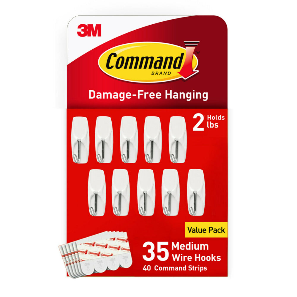 Command Medium Wire Hooks, 35 Hooks, 40 White Adhesive Strips, Damage Free Hanging Picture Hangers, No Tools Wall Hanging for Back to School