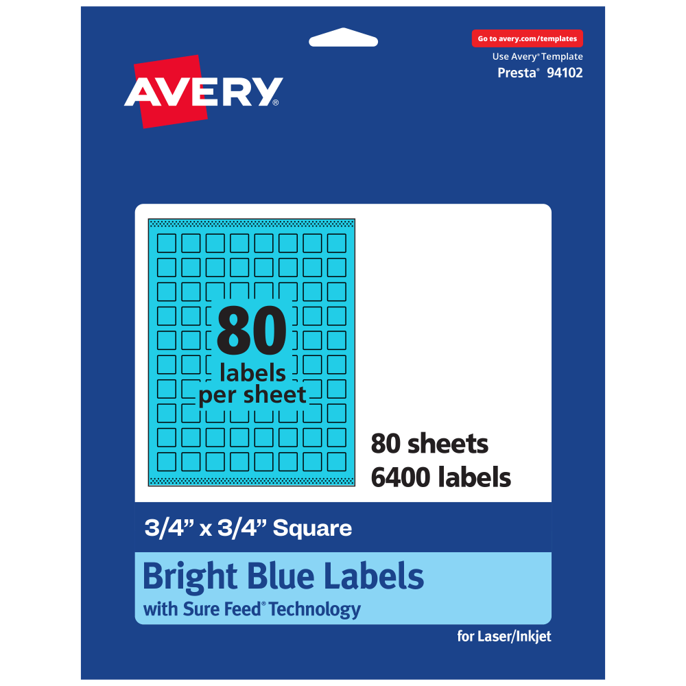 Avery Print-To-The-Edge Labels With Sure Feed Technology And Easy Peel, 94102-BBP80, Square, 3/4in x 3/4in, Matte Bright Blue, Pack of 6400