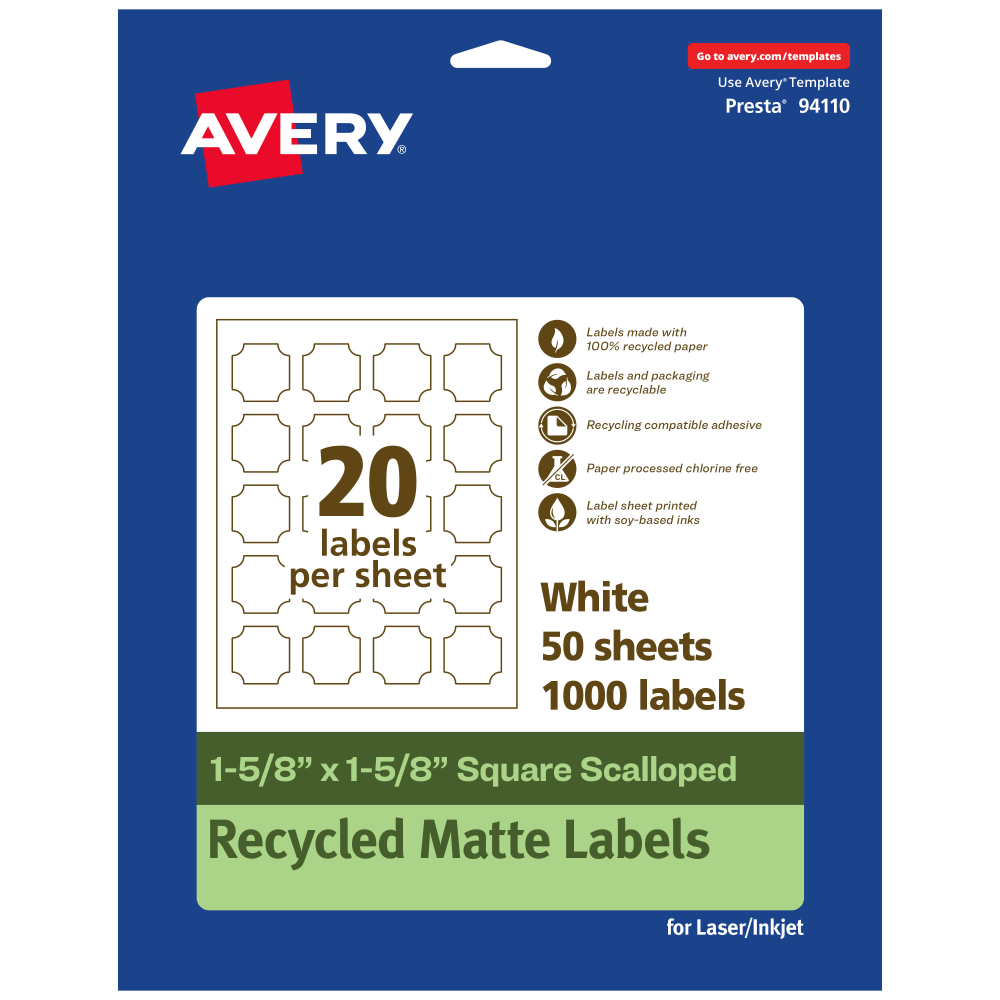 Avery Recycled Paper Labels, 94110-EWMP50, Square Scalloped, 1-5/8in x 1-5/8in, White, Pack Of 1000