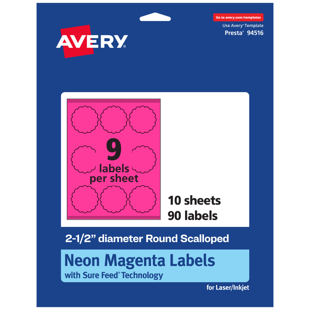 Avery Print-To-The-Edge Labels With Sure Feed Technology, 94516-NMP10, Round Scalloped, 2-1/2in, Matte Neon Magenta, Pack of 90