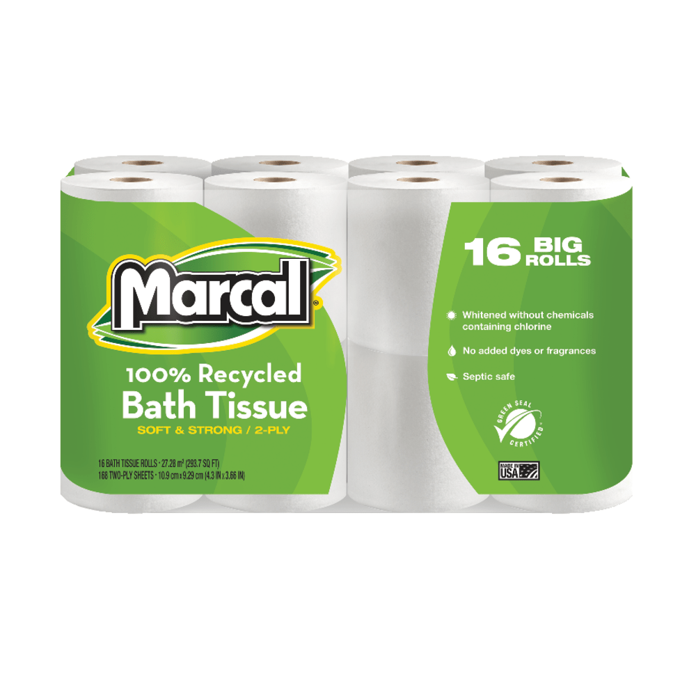Marcal Small Steps 2-Ply Toilet Paper, 100% Recycled, 168 Sheets Per Roll, Pack Of 16 Rolls, 16466