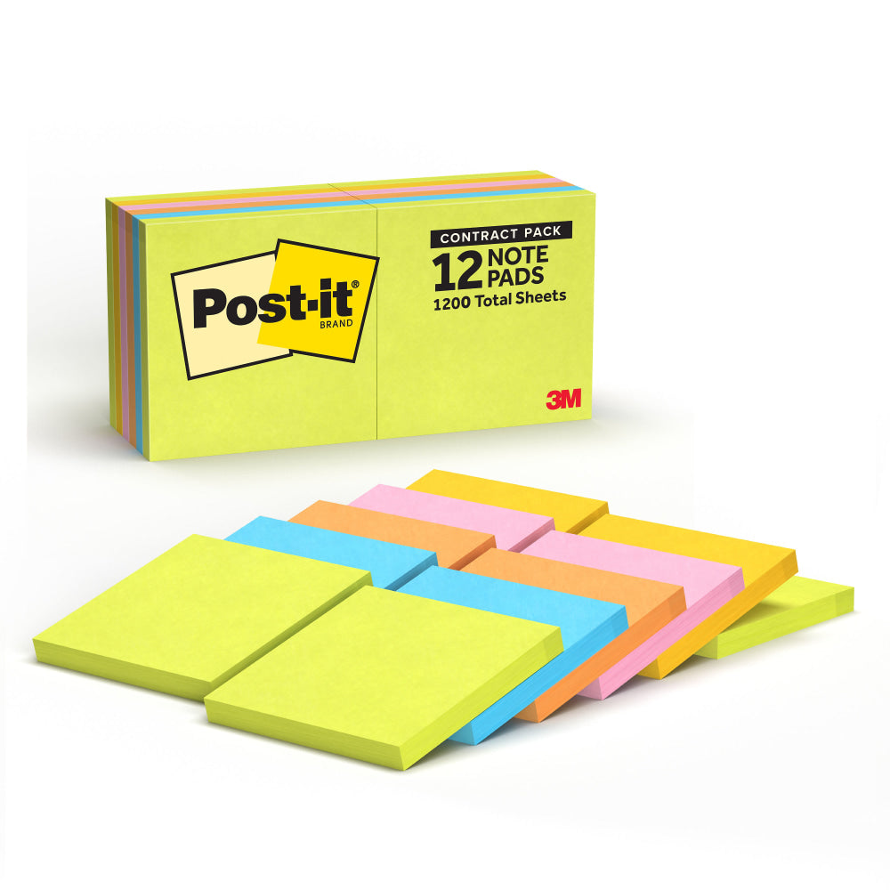 Post-it Sticky Notes, 3 x 3 in, 12 Sticky Note Pads, 100 Sheets/Pad, School Supplies and Office Products, Assorted Colors