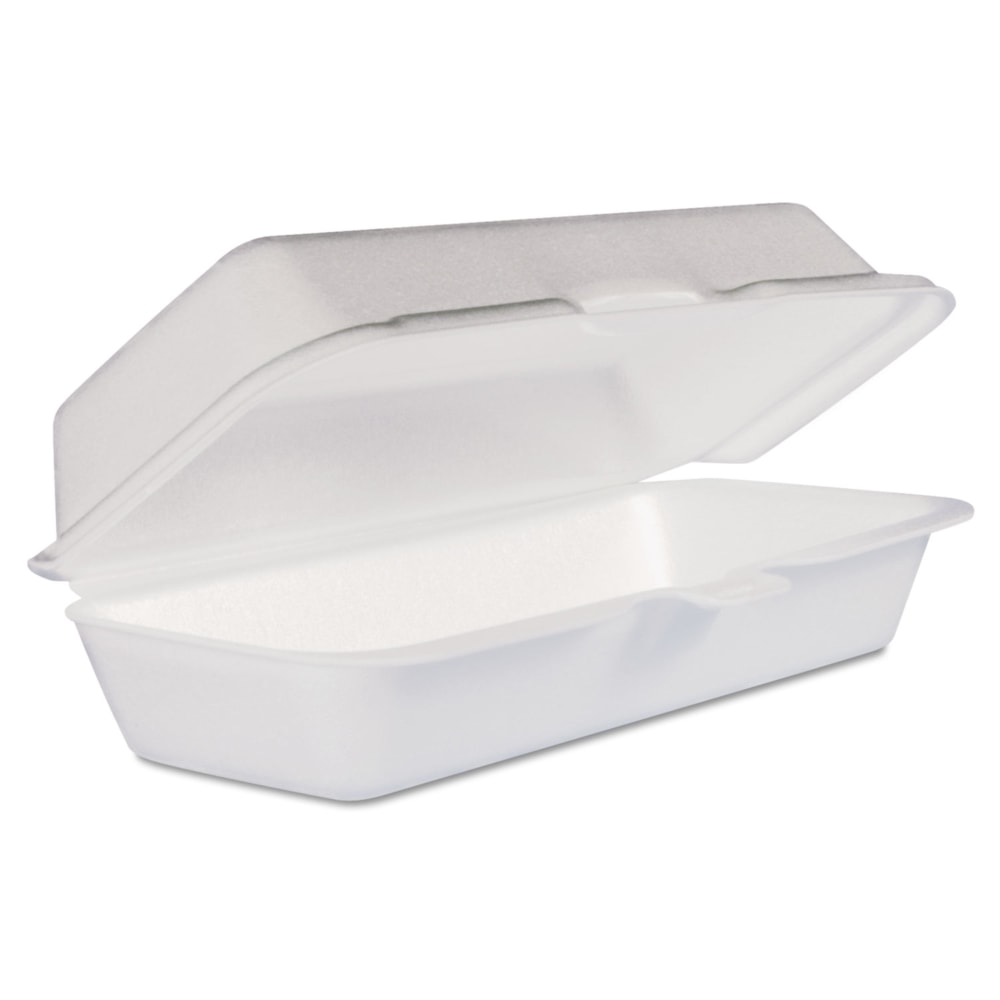Dart Foam Hinged-Lid Containers, Hot Dog, 2-5/16inH x 3-13/16inW x 7-1/8inD, White, 125 Containers Per Bag, Carton Of 4 Bags