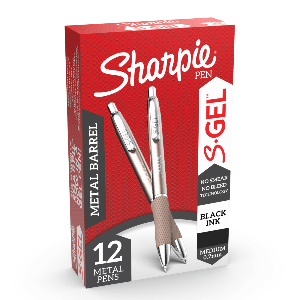 Sharpie S-Gel Pens, Medium Point, 0.7 mm, Metal Champagne Barrel, Black Ink, Pack Of 12 Pens