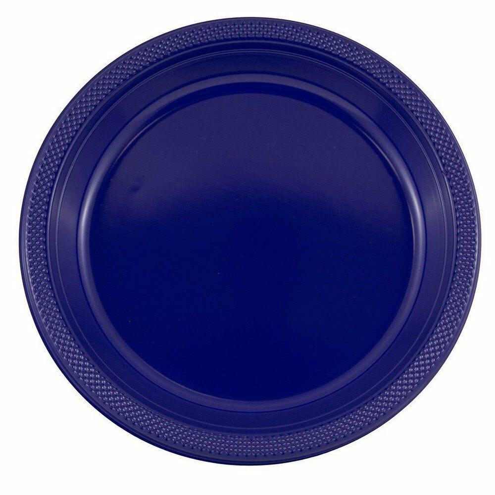 JAM PAPER Round Plastic Party Plates, Large, 10 1/4 inch, Navy Blue, 20/Pack