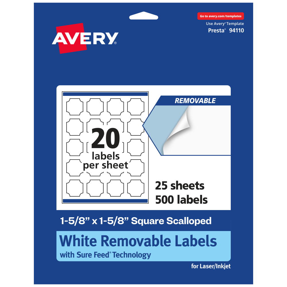 Avery Removable Labels With Sure Feed, 94110-RMP25, Square Scalloped, 1-5/8in x 1-5/8in, White, Pack Of 500 Labels