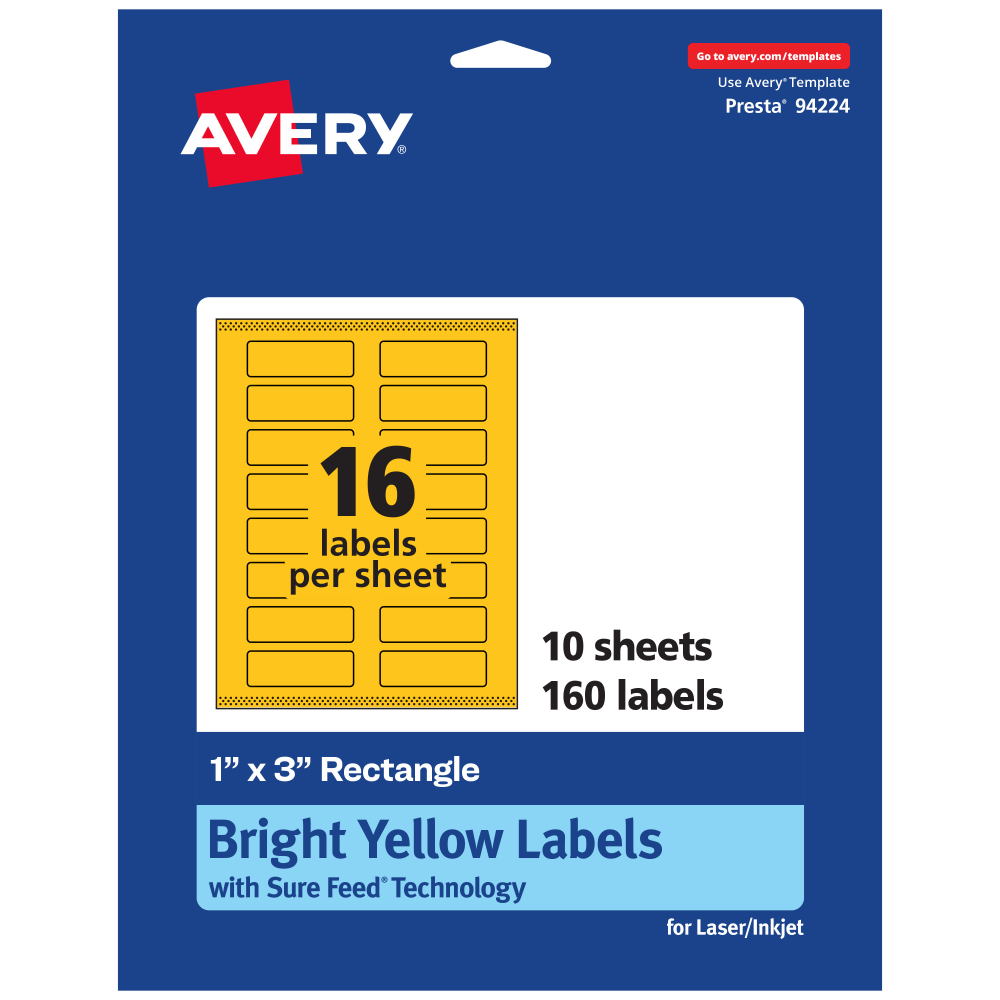 Avery Print-To-The-Edge Labels With Sure Feed Technology And Easy Peel, 94224-BYP10, Rectangle, 1in x 3in, Matte Bright Yellow, Pack of 160