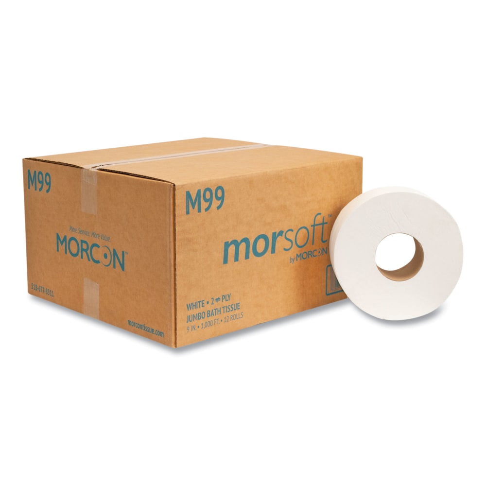 Morcon Tissue Jumbo Bath Tissue, Septic Safe, 2-Ply, White, 3.3in x 1,000 ft, 12/Carton