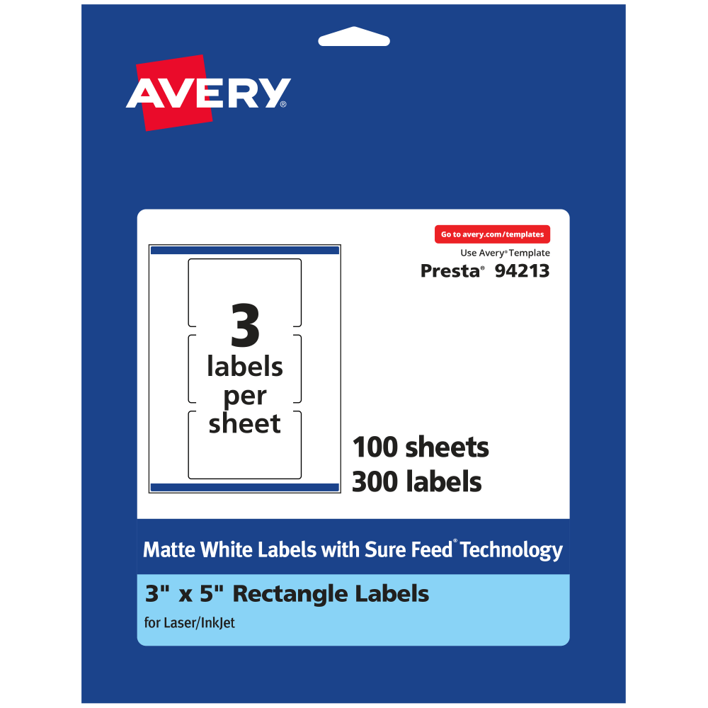 Avery Permanent Labels With Sure Feed, 94213-WMP100, Rectangle, 3in x 5in, White, Pack Of 300