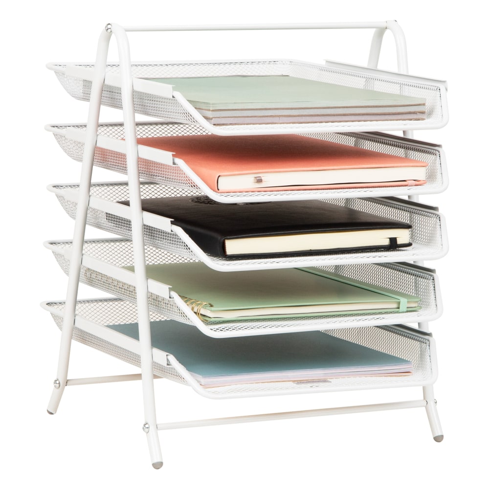 Mind Reader 5-Tier Paper Tray Desktop Organizer Metal Mesh, 15inH x 14inW x 11-3/4in L, White
