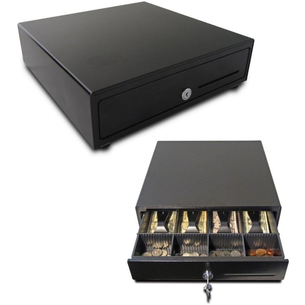 APG Cash Drawer Vasario 1313 Cash Drawer - 4 Bill - 4 Coin - 1 Media Slot - 4 Lock PositionPrinter Driven - Plastic - Black - 3.9inx13.1inx 13.1in Depth