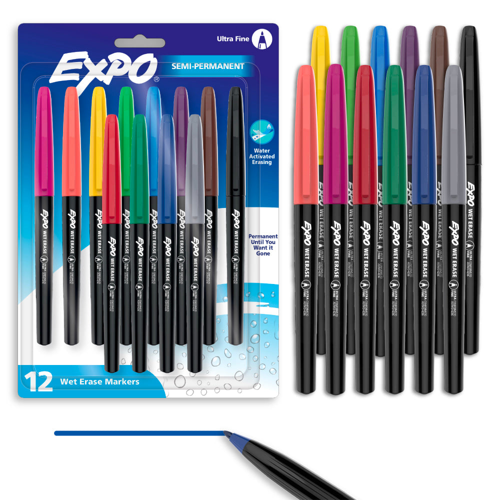 EXPO Wet Erase Markers, Semi-Permanent Markers, Assorted, Ultra Fine Tip, 12 Count
