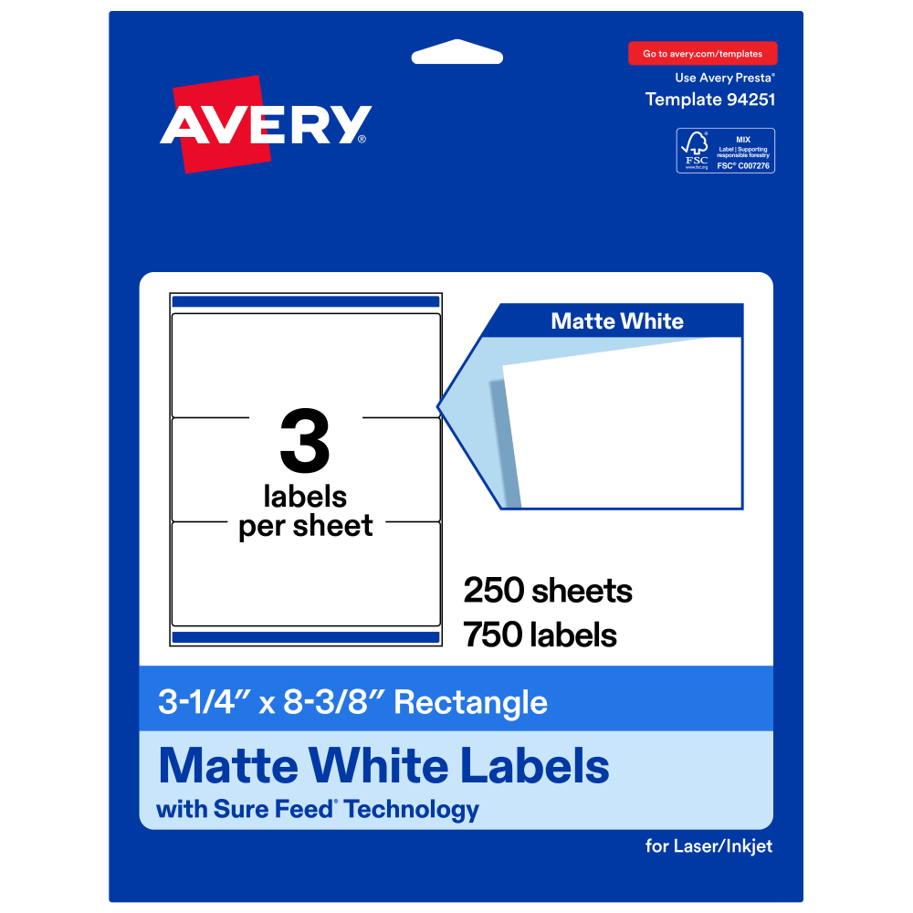 Avery Permanent Labels With Sure Feed, 94251-WMP250, Rectangle, 3-1/4in x 8-3/8in, White, Pack Of 750