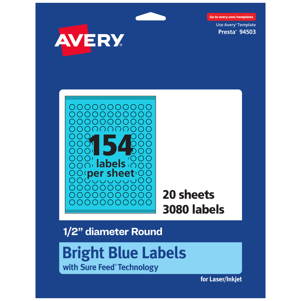 Avery Print-To-The-Edge Labels With Sure Feed Technology And Easy Peel Label Feature, 94503-BBP20, Round, 1/2in, Matte Bright Blue, Pack of 3080
