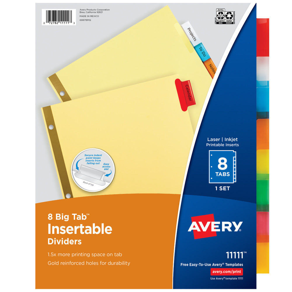Avery Big Tab Insertable Dividers, Gold Reinforced, Buff/Multicolor, 8-Tab