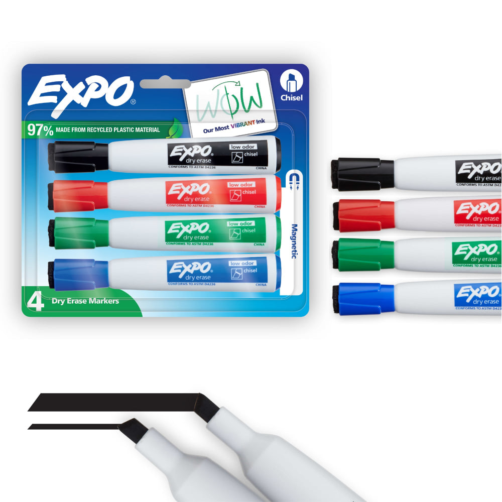 EXPO Magnetic Dry Erase Markers With Eraser, Chisel Tip, Assorted Ink Colors, Pack Of 4