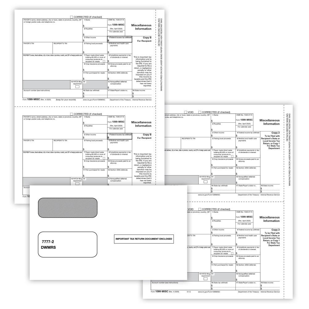 ComplyRight 1099-MISC Recipient Only Tax Form Set, 3-Part, 2-Up, Copy B, State/File, 8-1/2in x 11in, 50-PK Forms and Envelopes, 6113E25