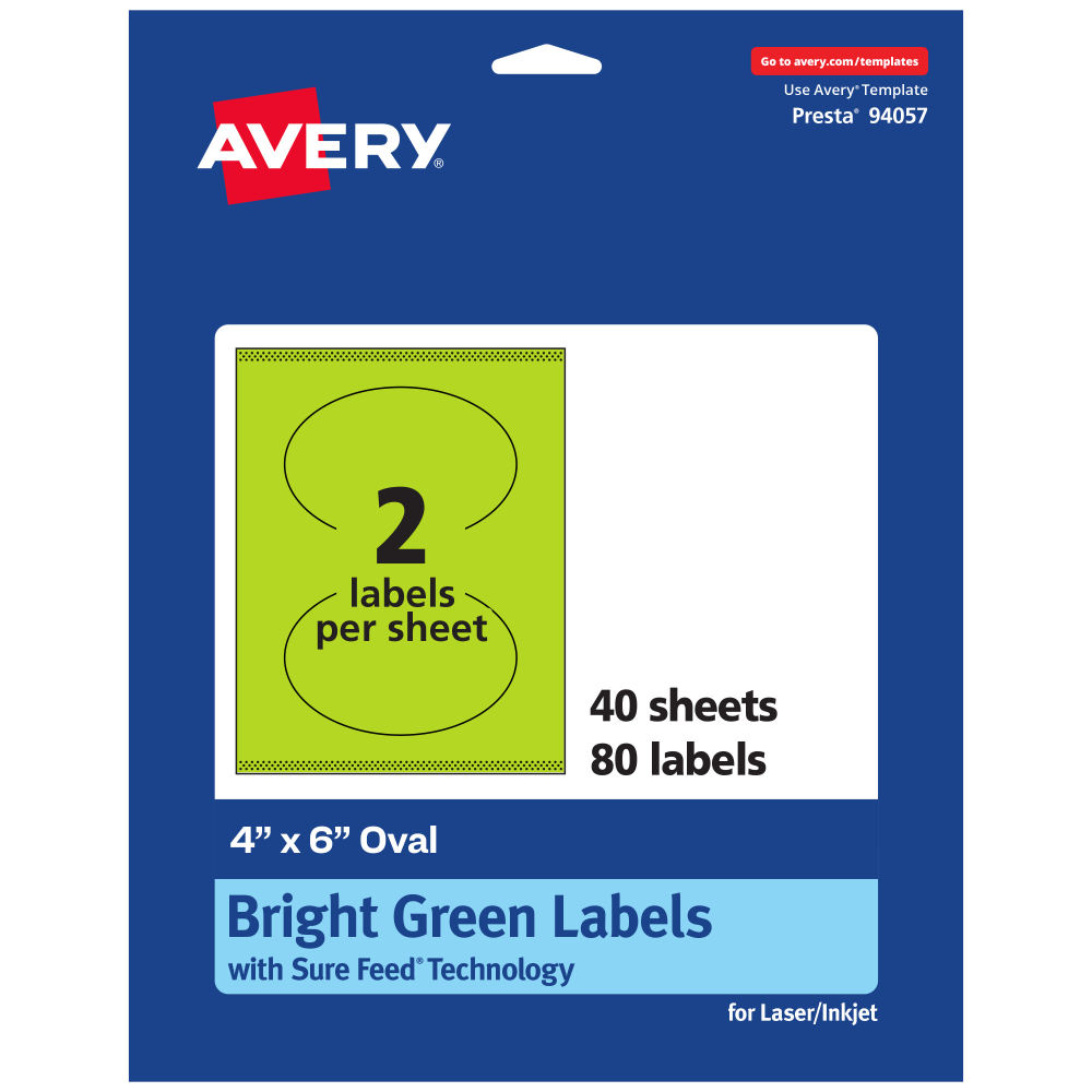 Avery Print-To-The-Edge Labels With Sure Feed Technology, 94057-BGP40, Oval, 4in x 6in, Matte Bright Green, Pack of 80