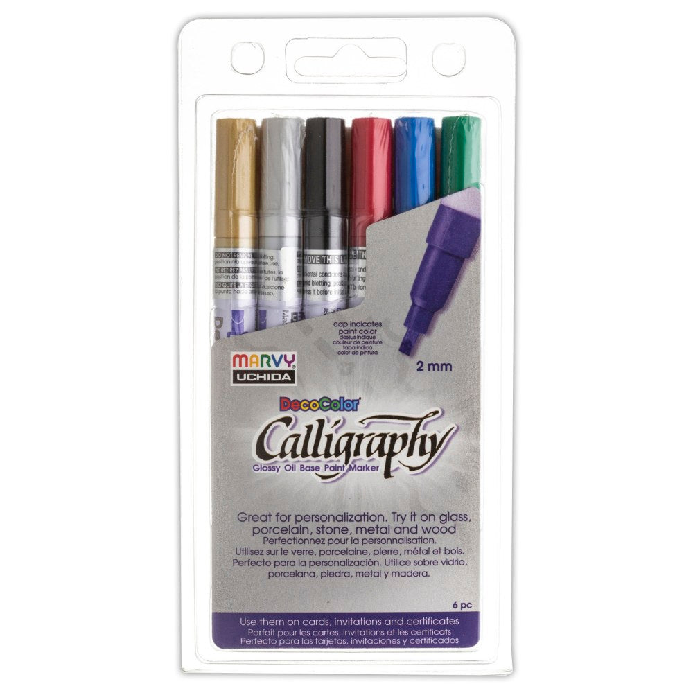 Marvy Uchida Calligraphy Paint Markers, Set Of 6 Markers, Chisel Tip, Assorted Colors