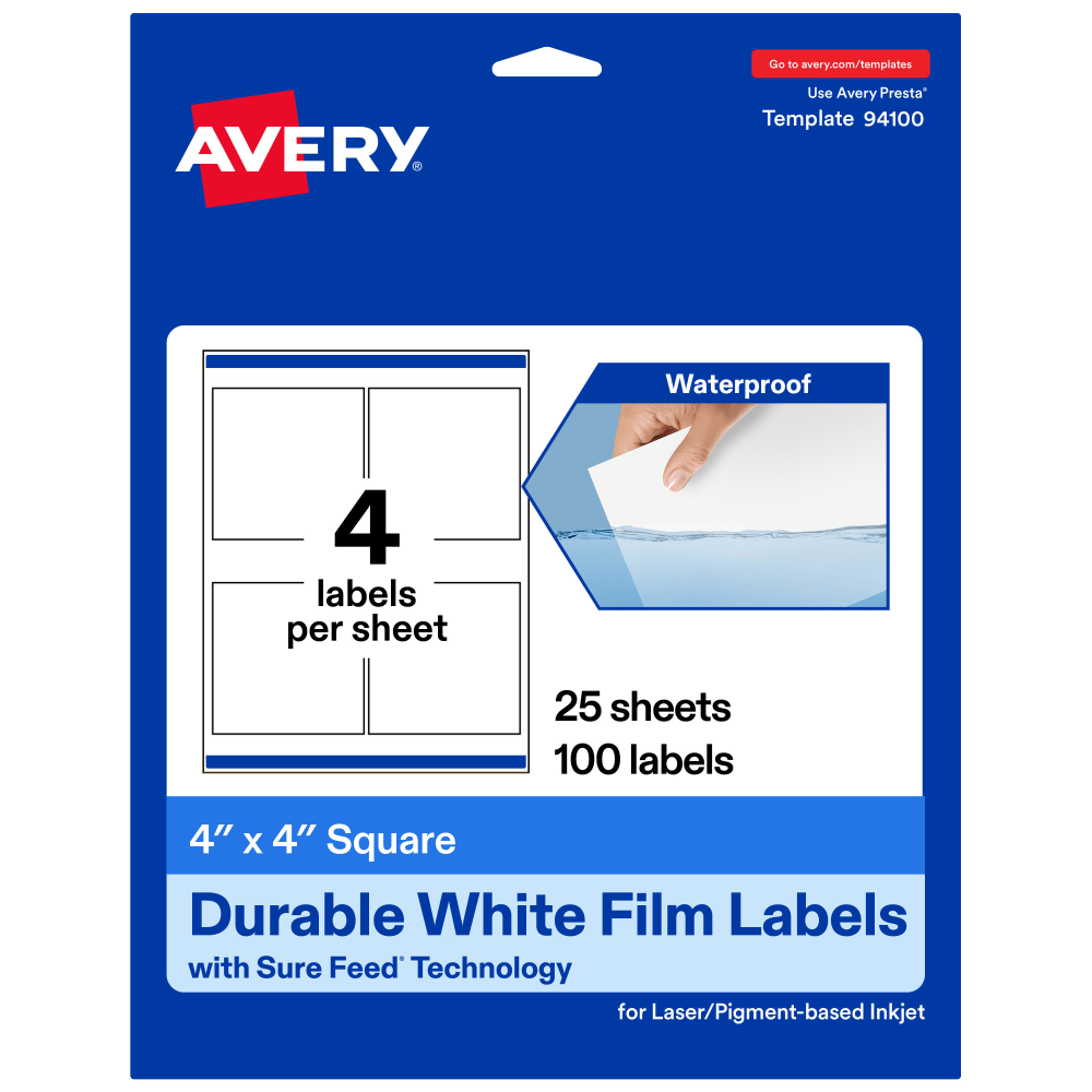 Avery Waterproof Permanent Labels With Sure Feed, 94100-WMF25, Square, 4in x 4in, White, Pack Of 100