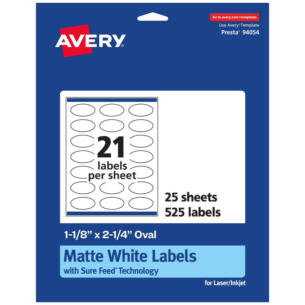 Avery Permanent Labels With Sure Feed, 94054-WMP25, Oval, 1-1/8in x 2-1/4in, White, Pack Of 525